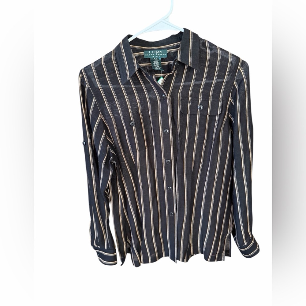 Lauren Ralph Lauren Linen Silk Blend Black and Tan Striped Button Down Shirt